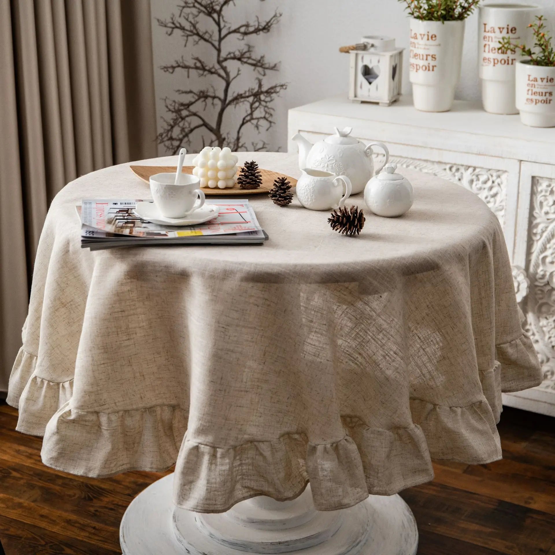 Linen Cotton Round Tablecloth — Vintage Ruffle Dining Table Cover