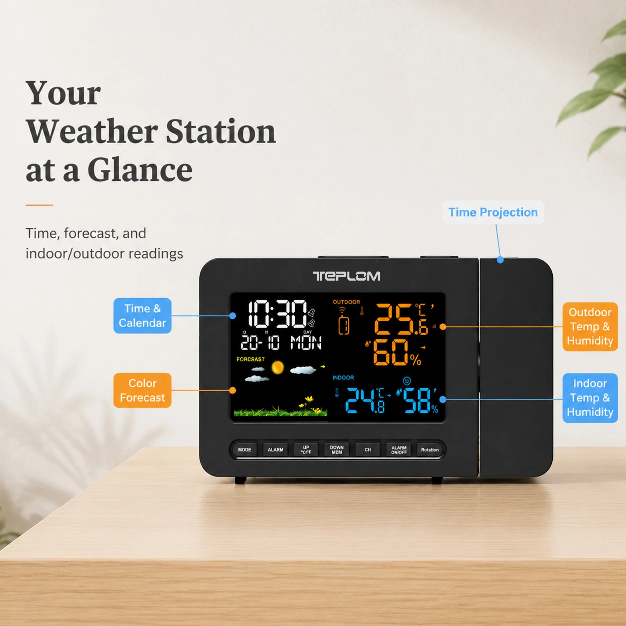 teplom Digital Weather Station — Projector Clock with Temperature & Humidity