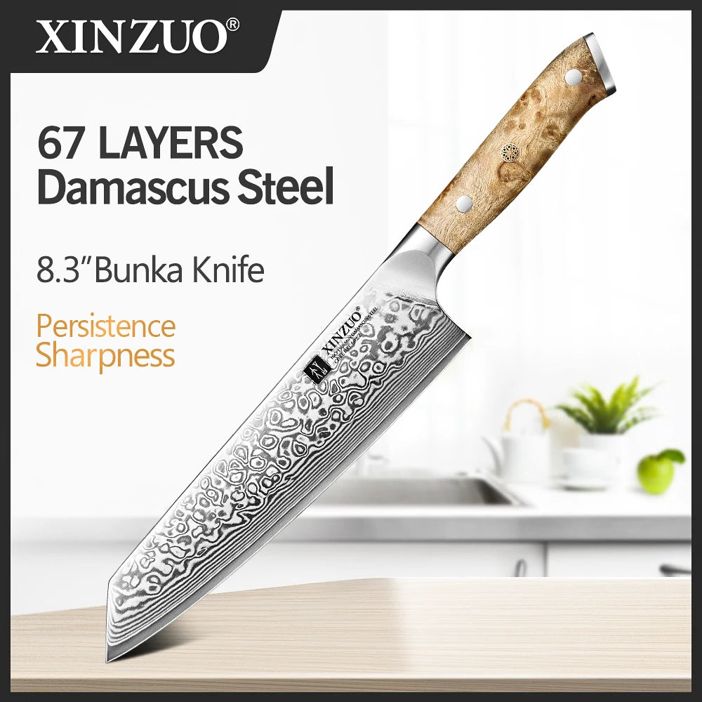 XINZUO Damascus Steel Bunka Knife — 8.3 Inch Handcrafted Slicing Tool