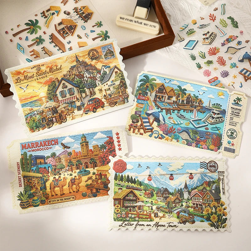 Cartoon Travel Scene Stickers — Reusable PET Decals for DIY Crafts