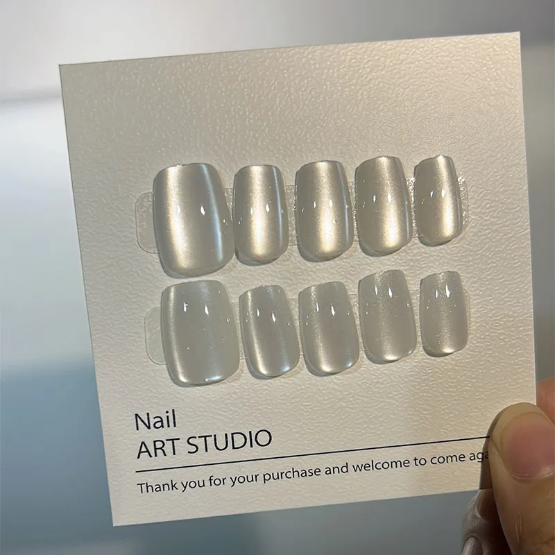 Luxury Cat Eye Press On Nails — Handmade Acrylic Coffin Style False Nails