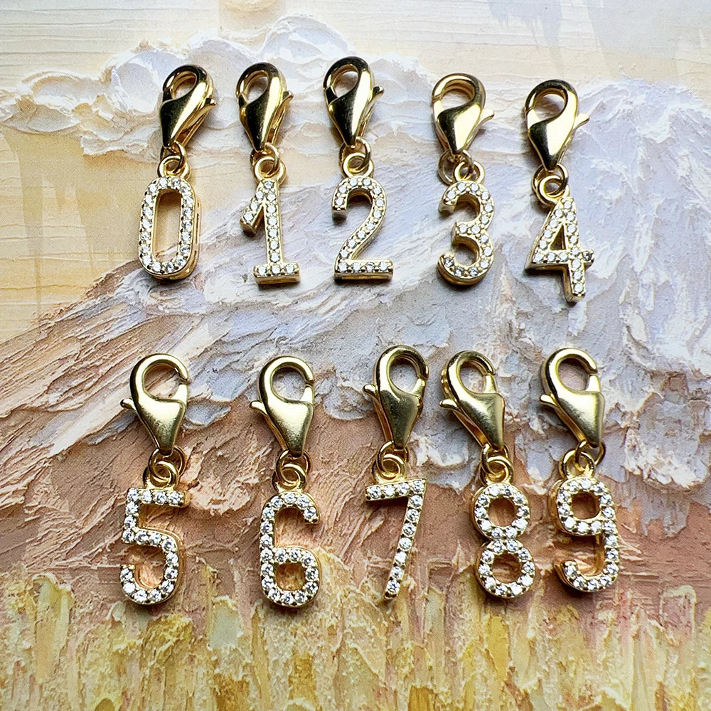 Thaddaeus Gold Plated Number Letter Charm — 925 Sterling Silver Zirconia Pendant