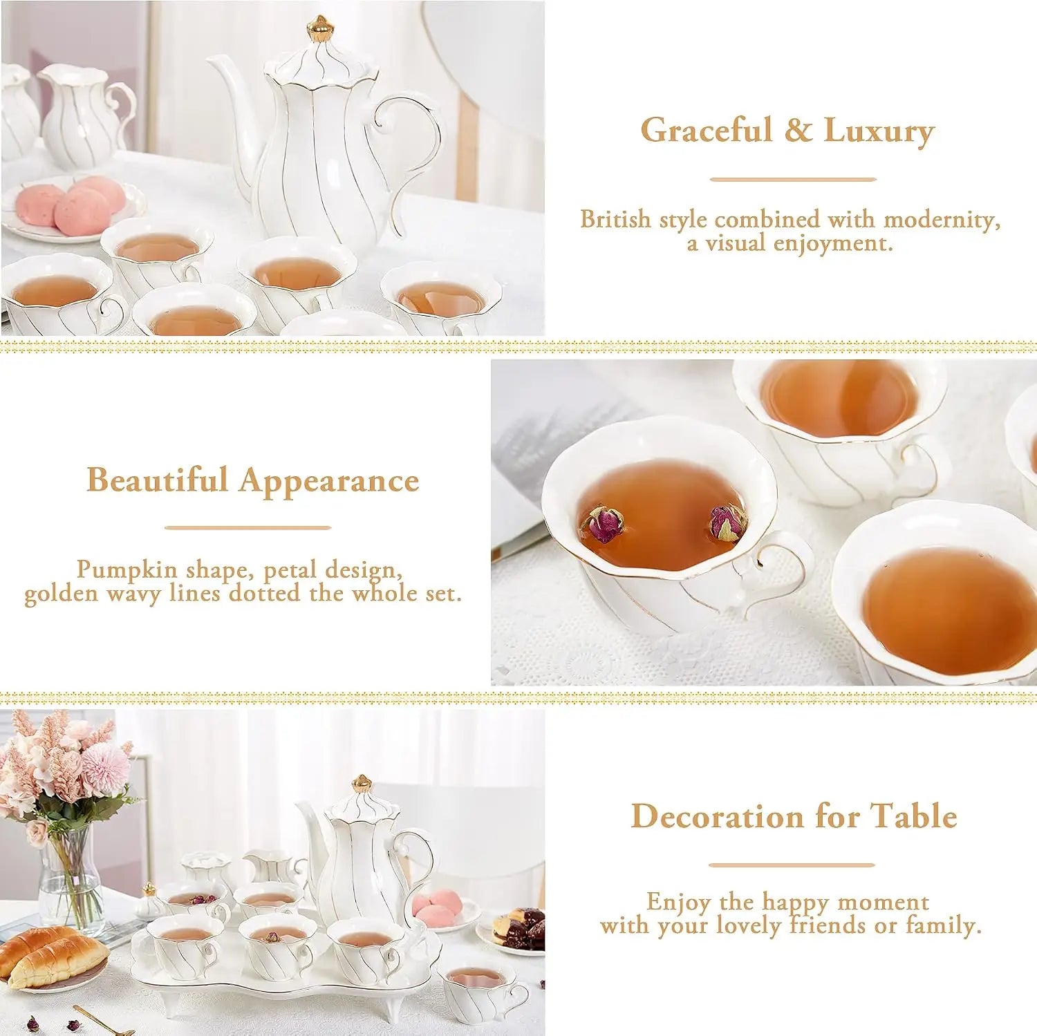 IOSN 14-Piece Porcelain Tea Set — Elegant Gold Trim Coffee & Tea Service