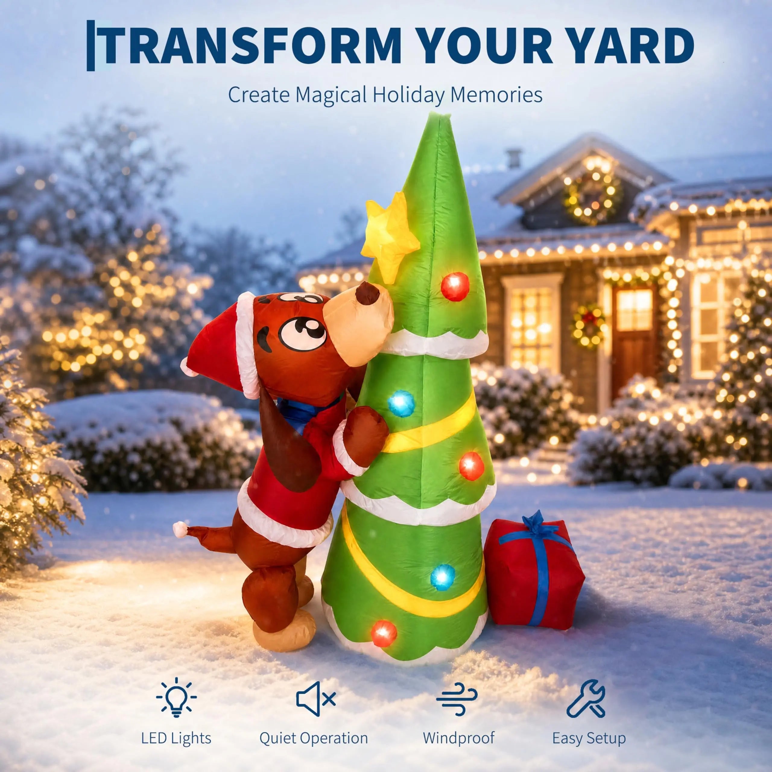 Giant Inflatable Christmas Dog with Tree — LED Light Outdoor Yard Decoration