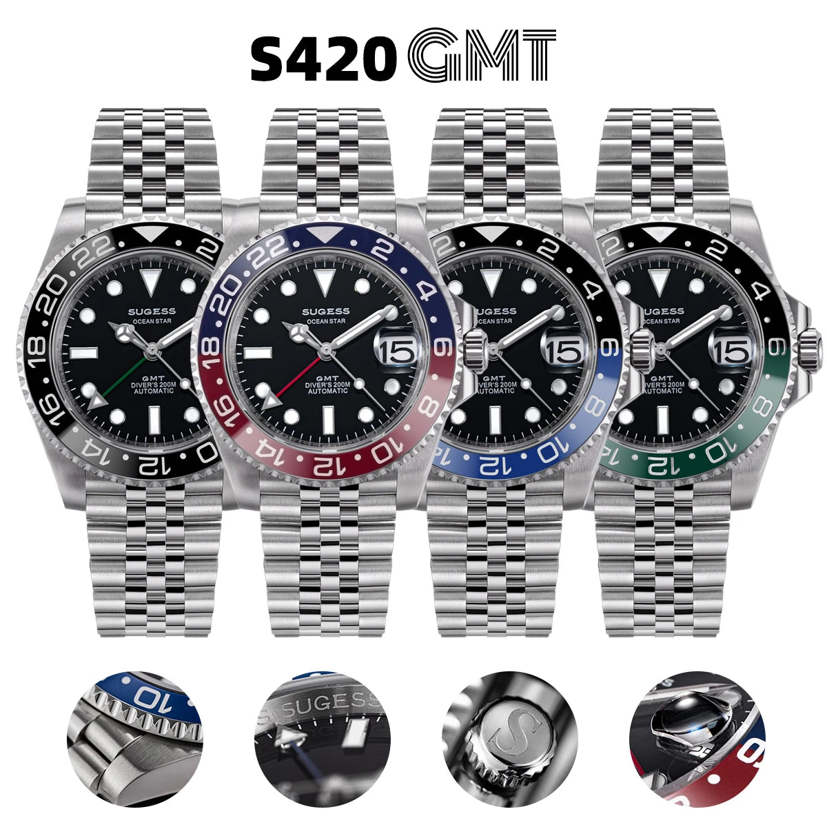 SUGESS GMT Diving Watch — Automatic Mechanical Peacock Movement