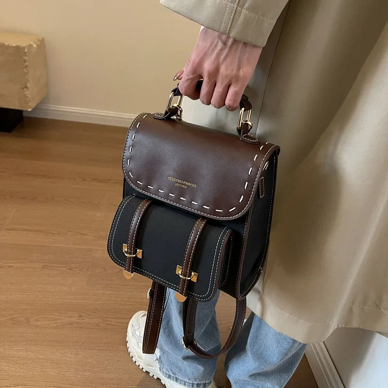 Women's Faux Leather Patchwork Backpack — Stylish Travel & School Bag
