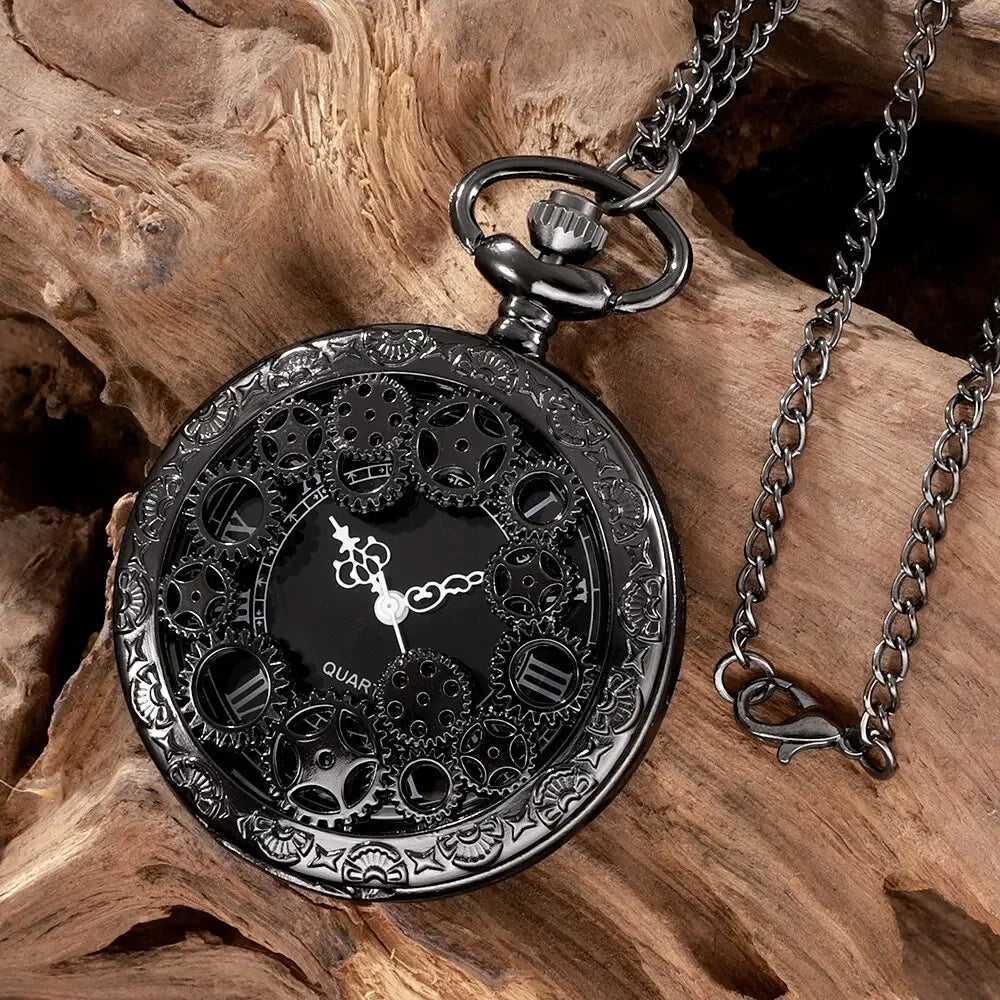 Vintage Steampunk Gear Pocket Watch — Antique Hollow Design Pendant with Chain