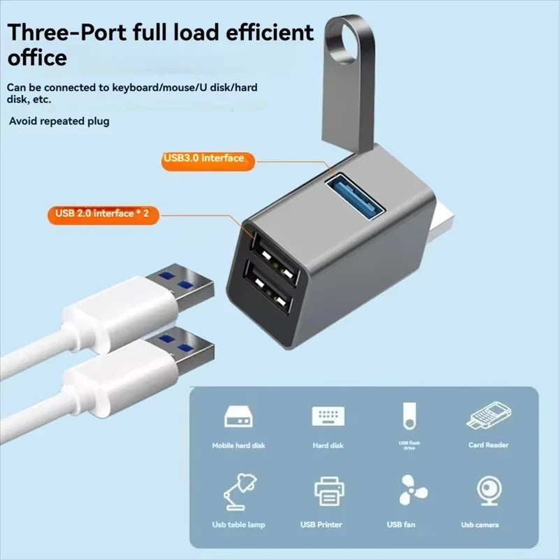 3-Port High Speed USB Hub — Compact Data Transfer Splitter for Laptops