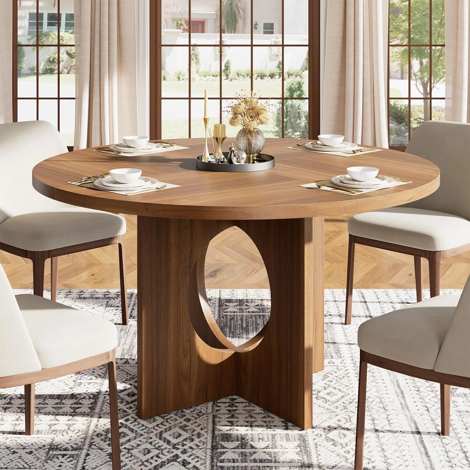 Round Wood Dining Table — 47-Inch Farmhouse Pedestal Table for 4-6 People
