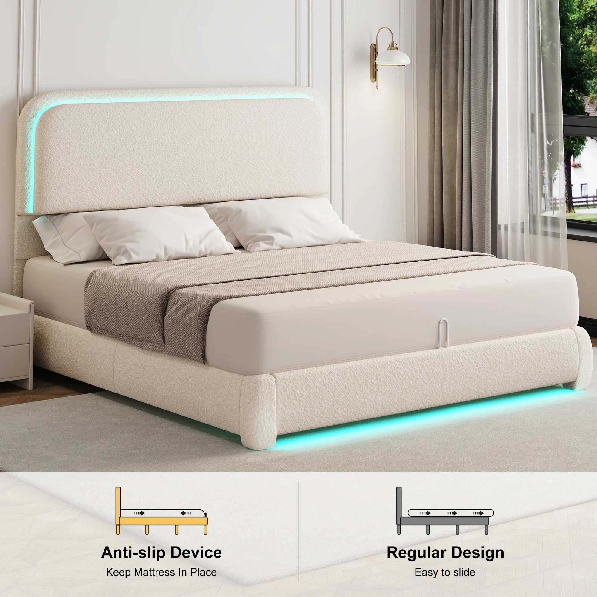 SIBEDS Teddy Fleece Upholstered Bed Frame — Modern Cloud Design with LED Lights