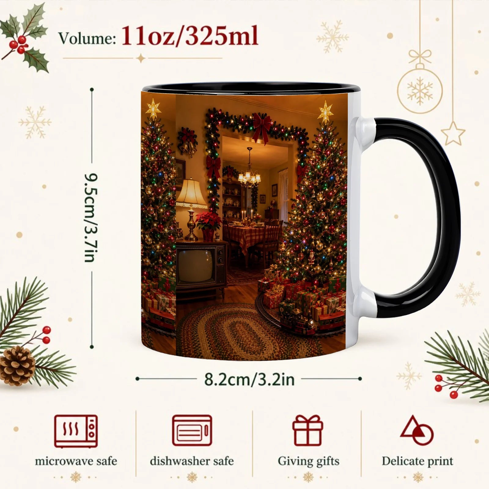 1pc Ceramic Christmas Coffee Mug with Cozy Fireplace & Tree Print - Suitable for Home, Office, Birthdays, Housewarmings - Multi-Holiday Gift for Hot/ Drinks, for Tea, Cocoa, for Home or Office Use (11oz)