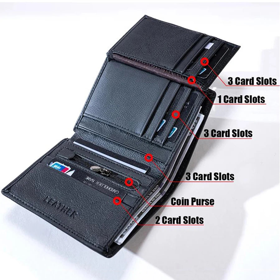 Men's Genuine Cow Leather Wallet — Vertical RFID Anti-Theft Business Purse