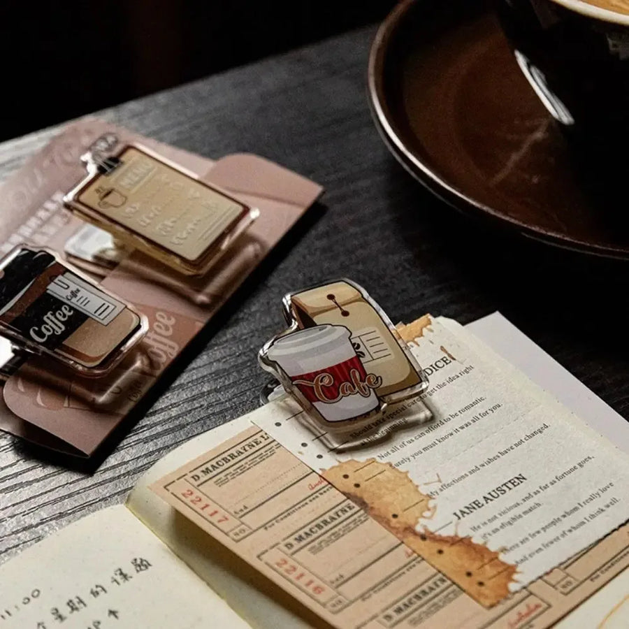 Coffee Cup Acrylic Binder Clips — Vintage Style Stationery for Paper & Notes