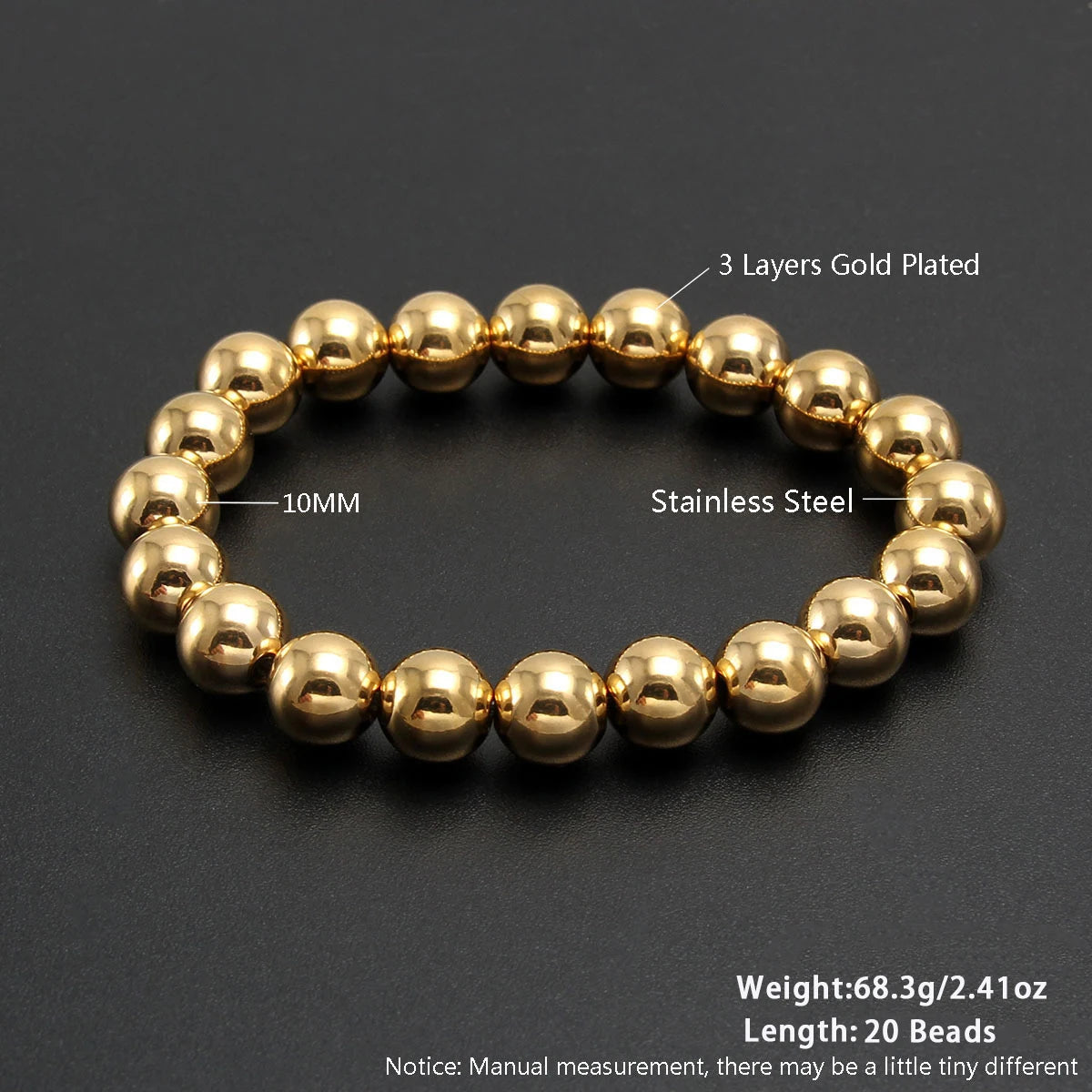 MHS.SUN Stainless Steel Beaded Bracelet — Gold Plated Stackable Jewelry
