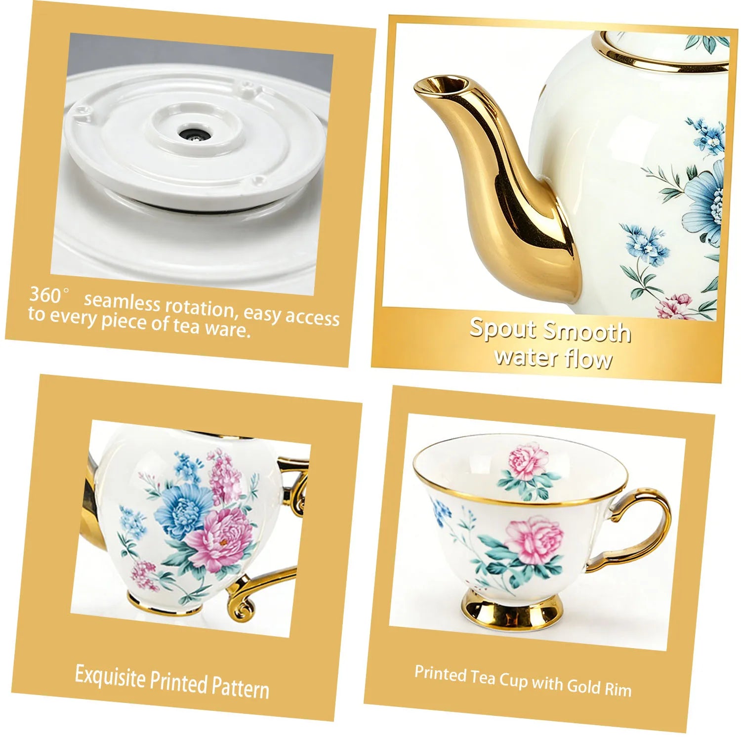 Vintage Floral Porcelain Tea Set — 8-Piece Ceramic Set with Gold Trim