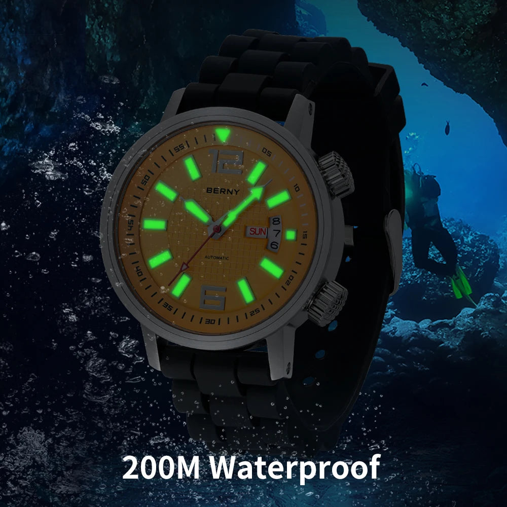 BERNY Automatic Diver Watch — 20ATM Waterproof Mechanical Wristwatch