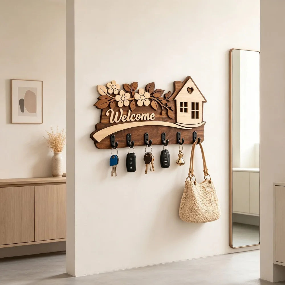 Farmhouse Wall-Mounted Key Holder — Multi-Tier Wood Organizer with Welcome Sign