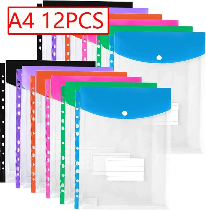 A4 Transparent Binder Pocket Organizers — 11-Hole Document Pouches with Button Labels