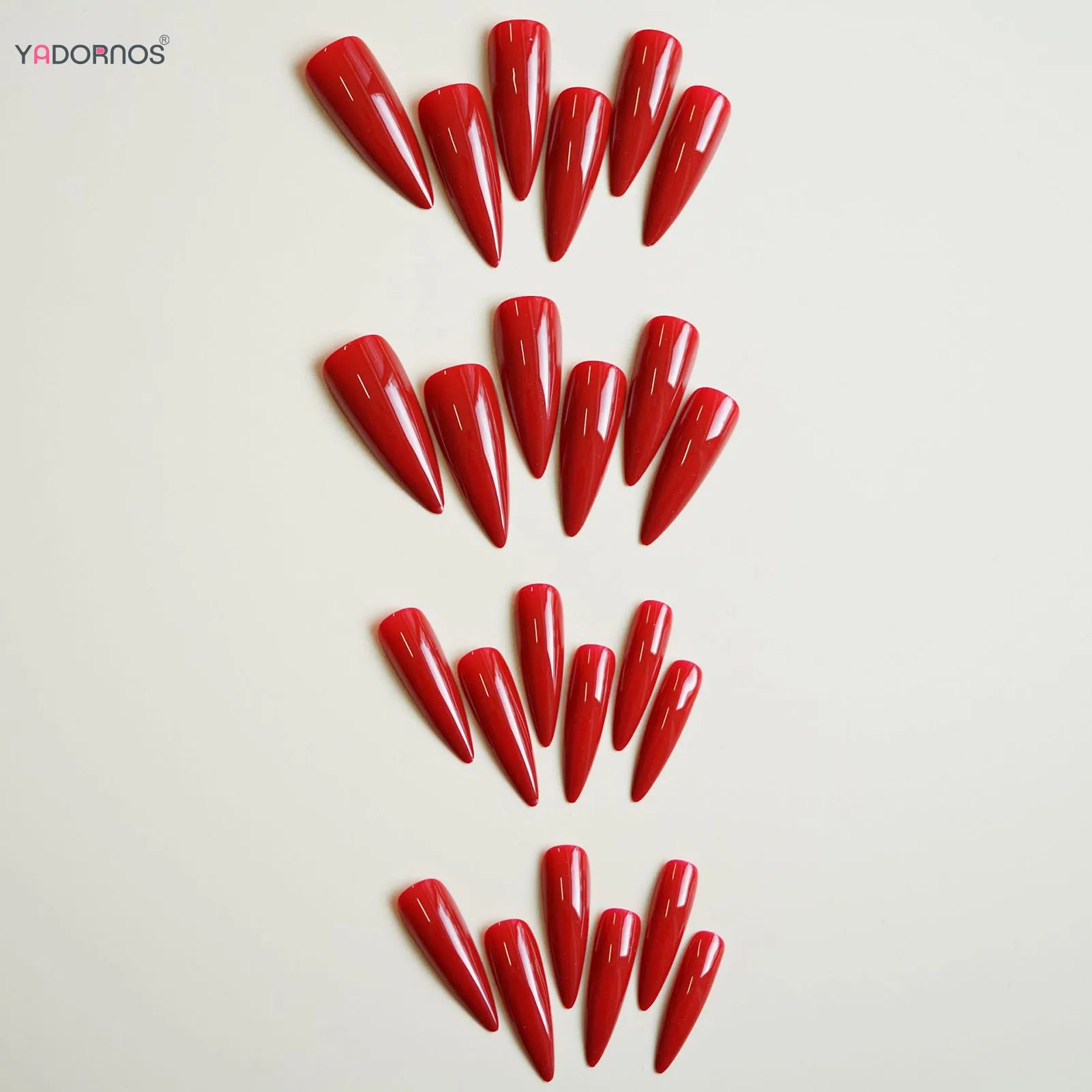 YADORNOS Solid Red Press On Nails — Long Almond Full Cover Fake Nail Set