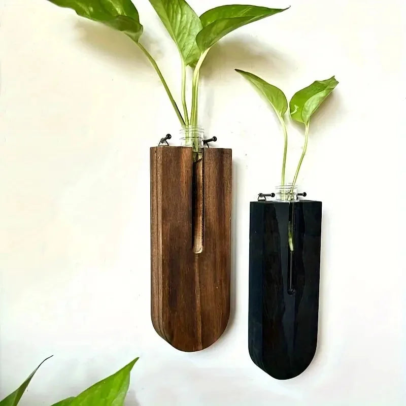 Wooden Hanging Plant Propagation Vase — Boho Wall Decor with Glass Tube