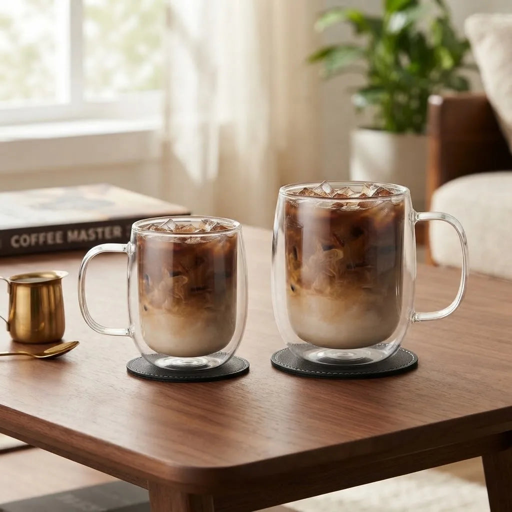 Double Wall Glass Coffee Mugs — Insulated Clear Drinkware with Handles