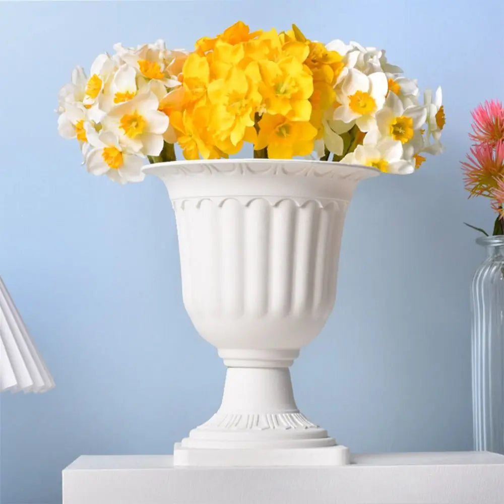 Roman Style Pedestal Flowerpots — Set of 2 White Plastic Planters