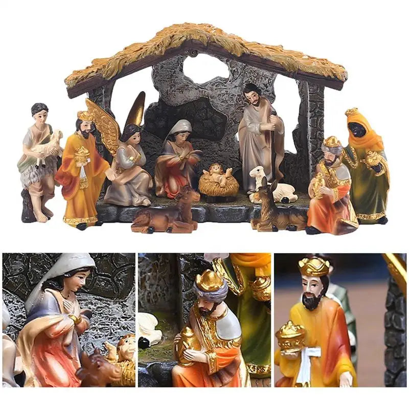 12-Piece Resin Nativity Scene Set — Hand-Painted Manger Tabletop Decor