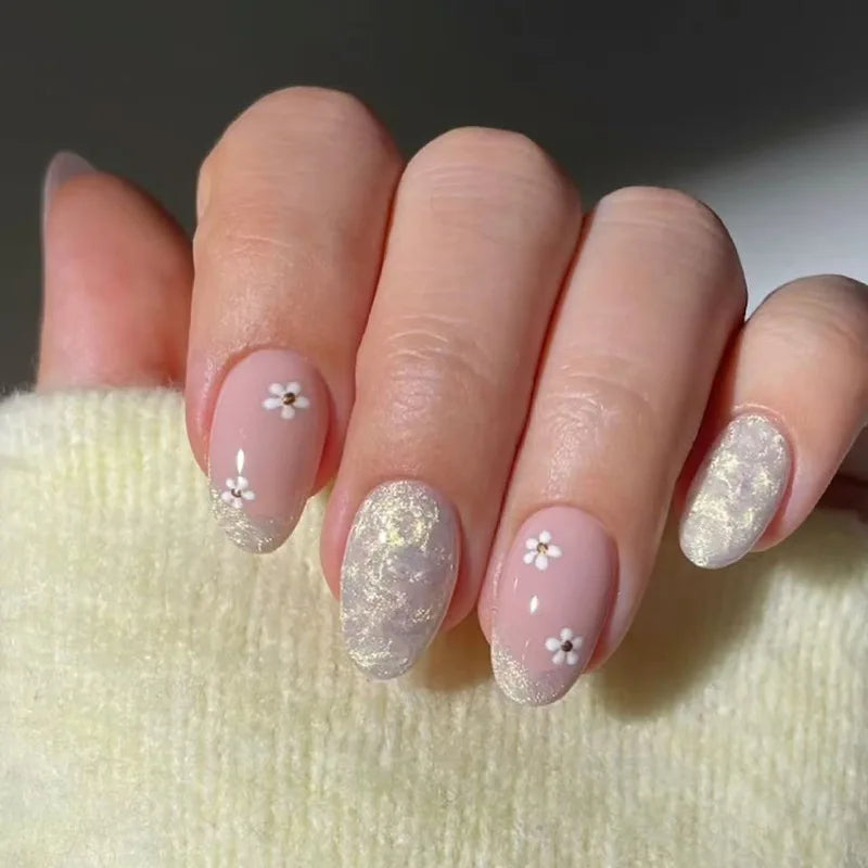 Pink Floral Press-On Nails — Short Almond French Tip Fake Nail Set