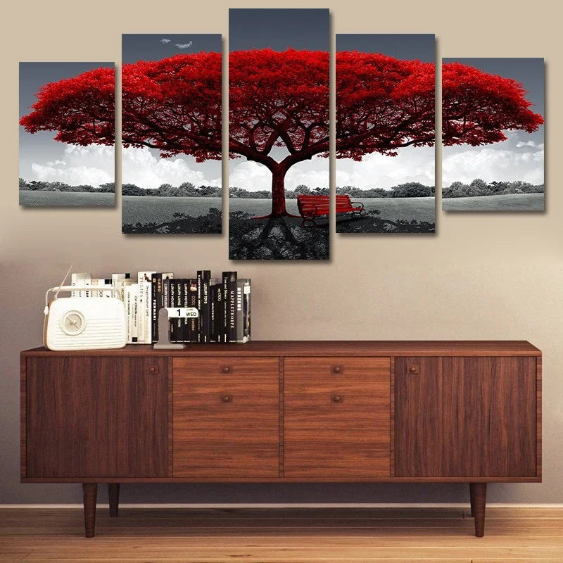 Modern Lucky Tree Canvas Wall Art — 5-Piece Set of Unframed Posters