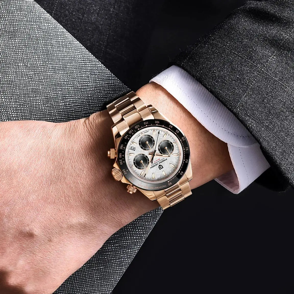 PAGANI DESIGN Luxury Chronograph Watch — Rose Gold Stainless Steel Sport Wristwatch