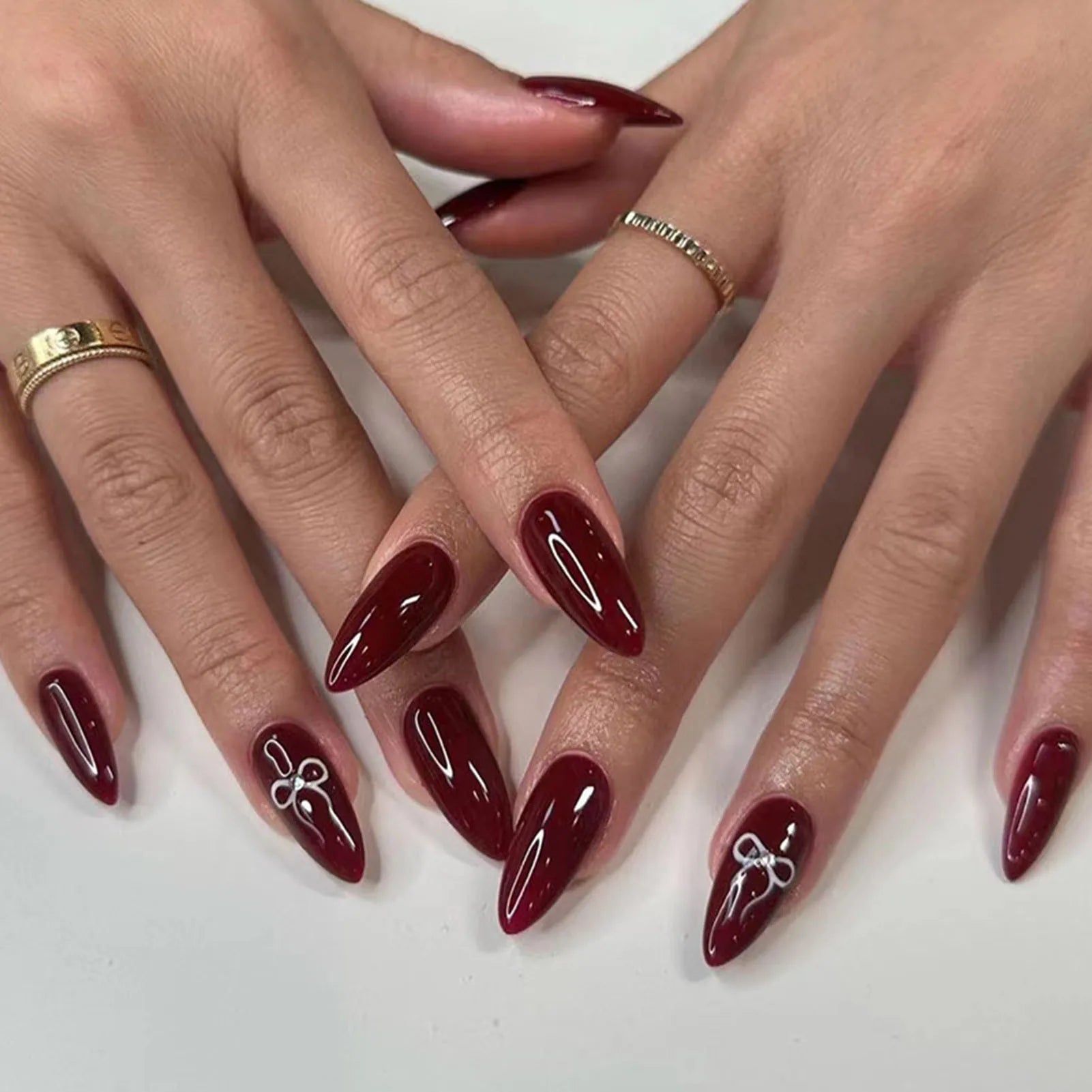 YADORNOS Solid Red Press On Nails — Long Almond Full Cover Fake Nail Set