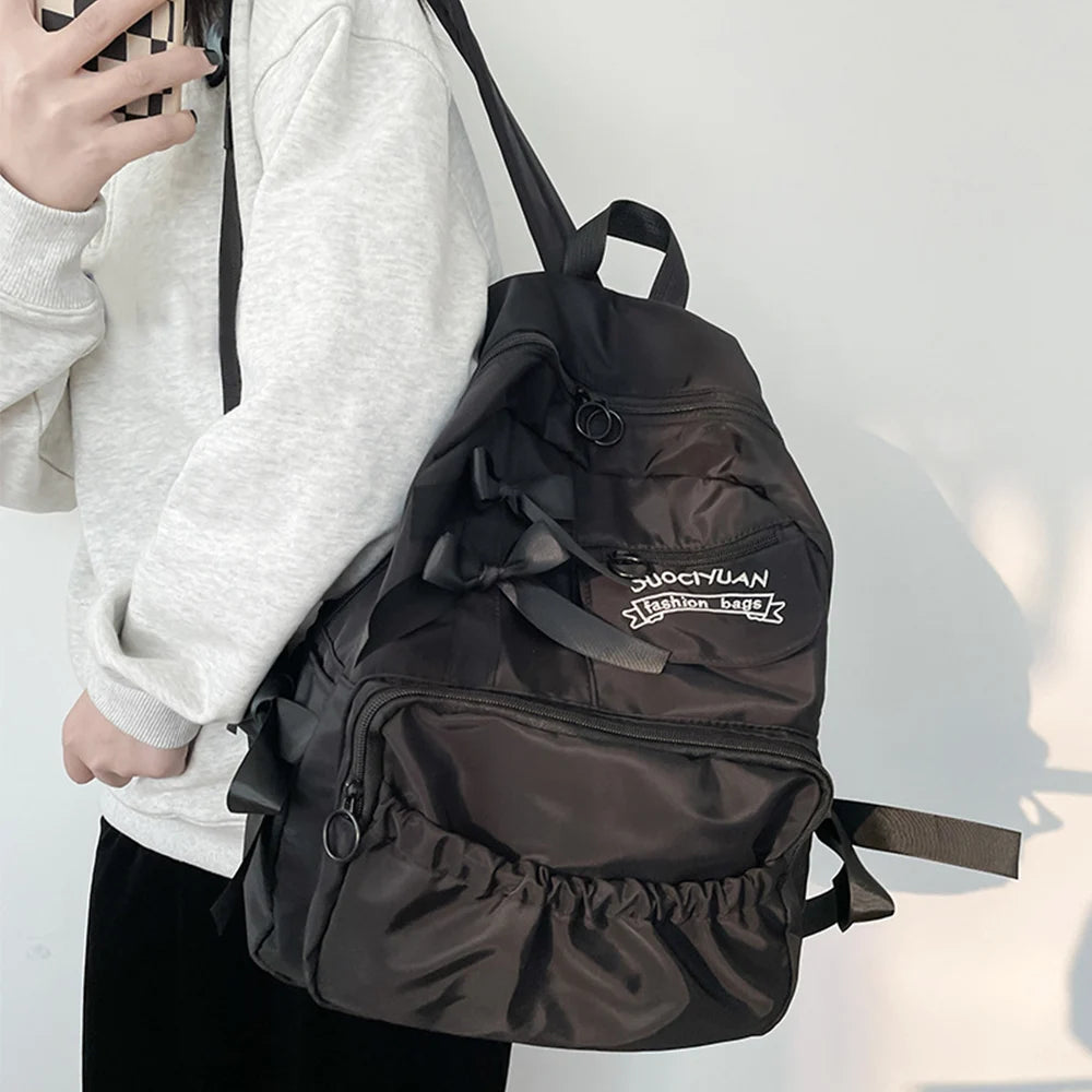Cute Bow Canvas Backpack — Stylish College Style School Bag for Women