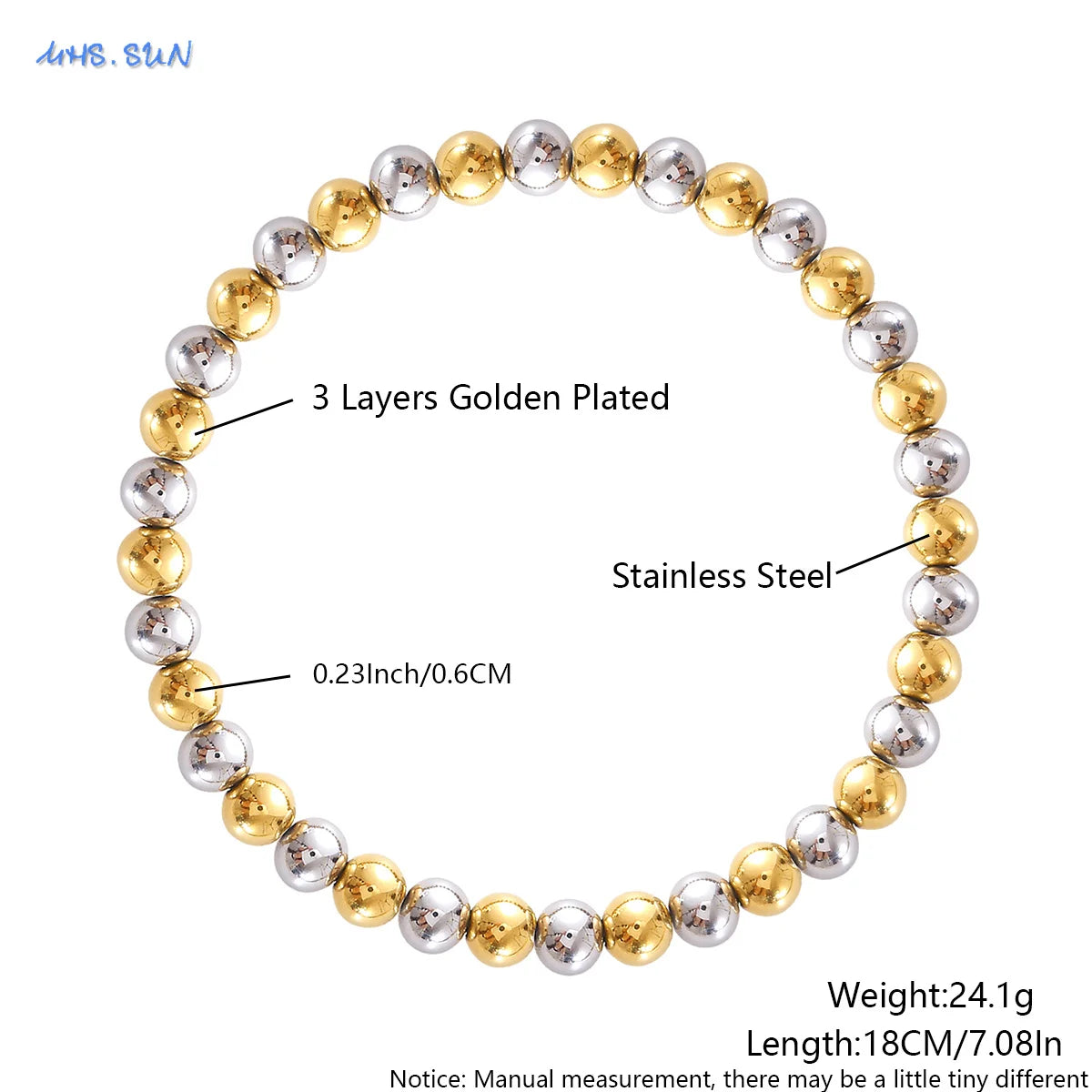 MHS.SUN Stainless Steel Beaded Bracelet — Gold Plated Stackable Jewelry