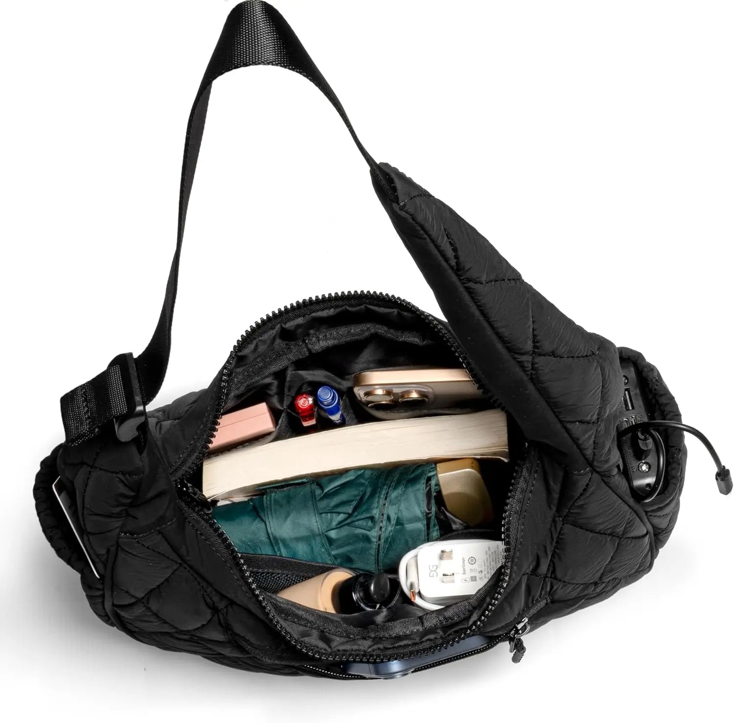 Quilted Puffer Crescent Shoulder Bag — Stylish Nylon Hobo Handbag