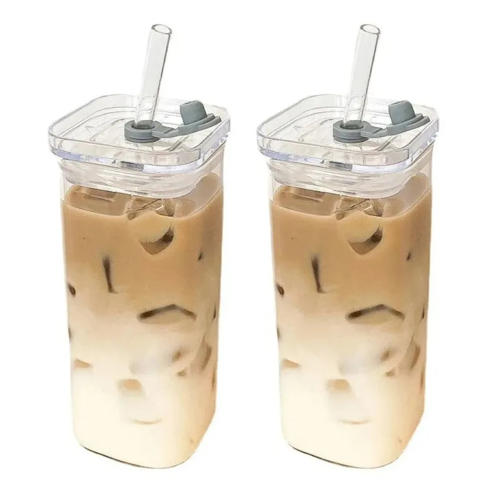 Square Glass Coffee Cup with Lid and Straw — Heat Resistant Drinkware