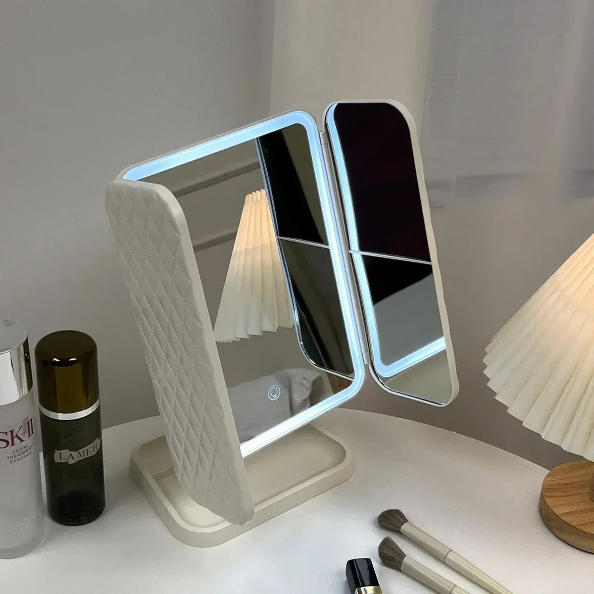 Trifold LED Makeup Mirror — Adjustable Magnification & Three Light Modes