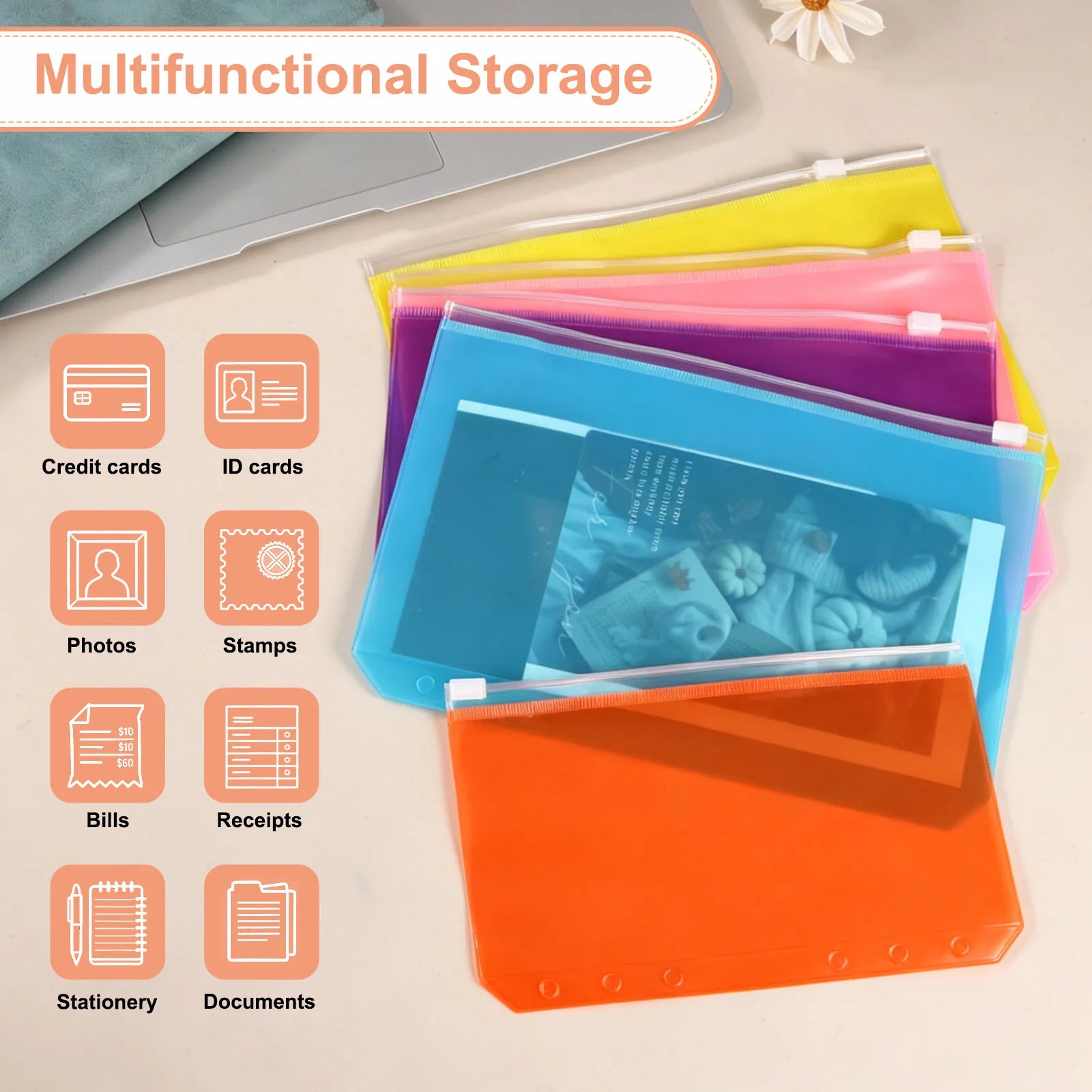Multicolor Zipper Binder Pockets — Waterproof A5 & A6 Plastic File Folders