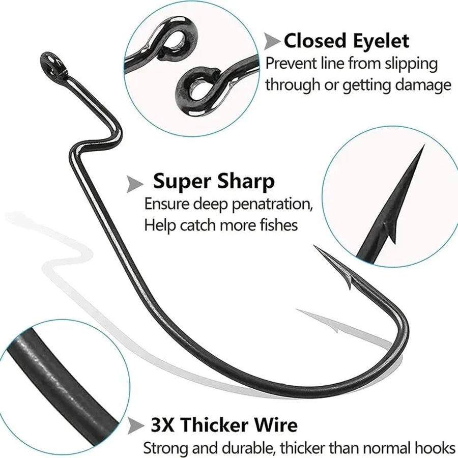 High Carbon Steel Crank Fishing Hooks — Wide Gap Offset Set for Soft Worms