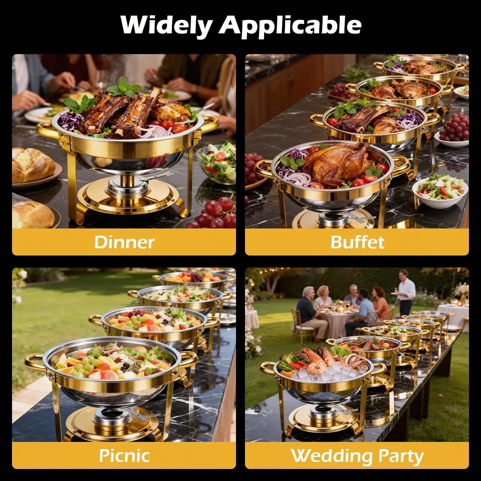 Gold-Plated Stainless Steel Chafing Dishes — Buffet Warmer Set for Catering