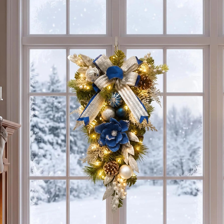 HiMISS Blue and Silver Christmas Teardrop Swag — Pre-Lit LED Door Decor