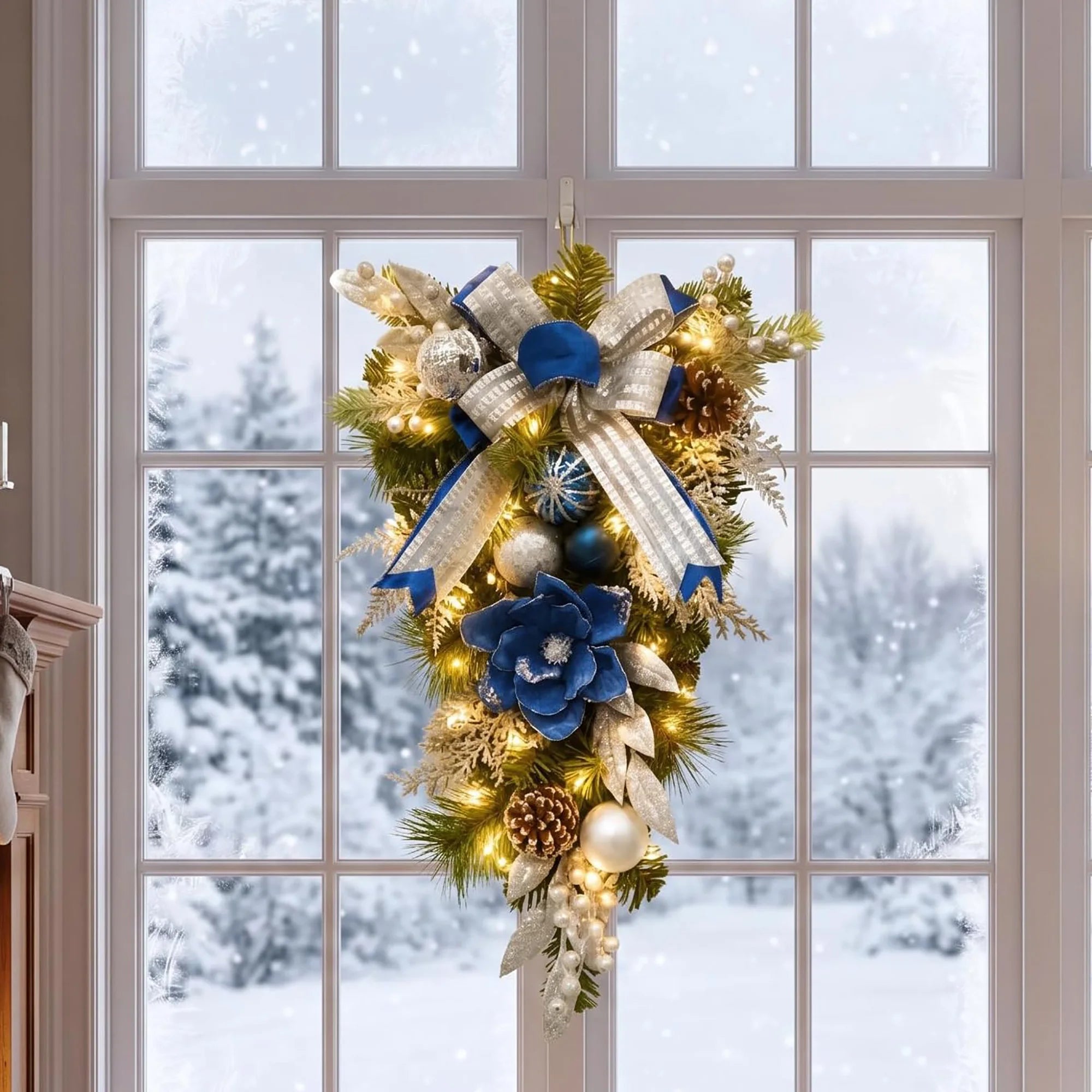HiMISS Blue and Silver Christmas Teardrop Swag — Pre-Lit LED Door Decor