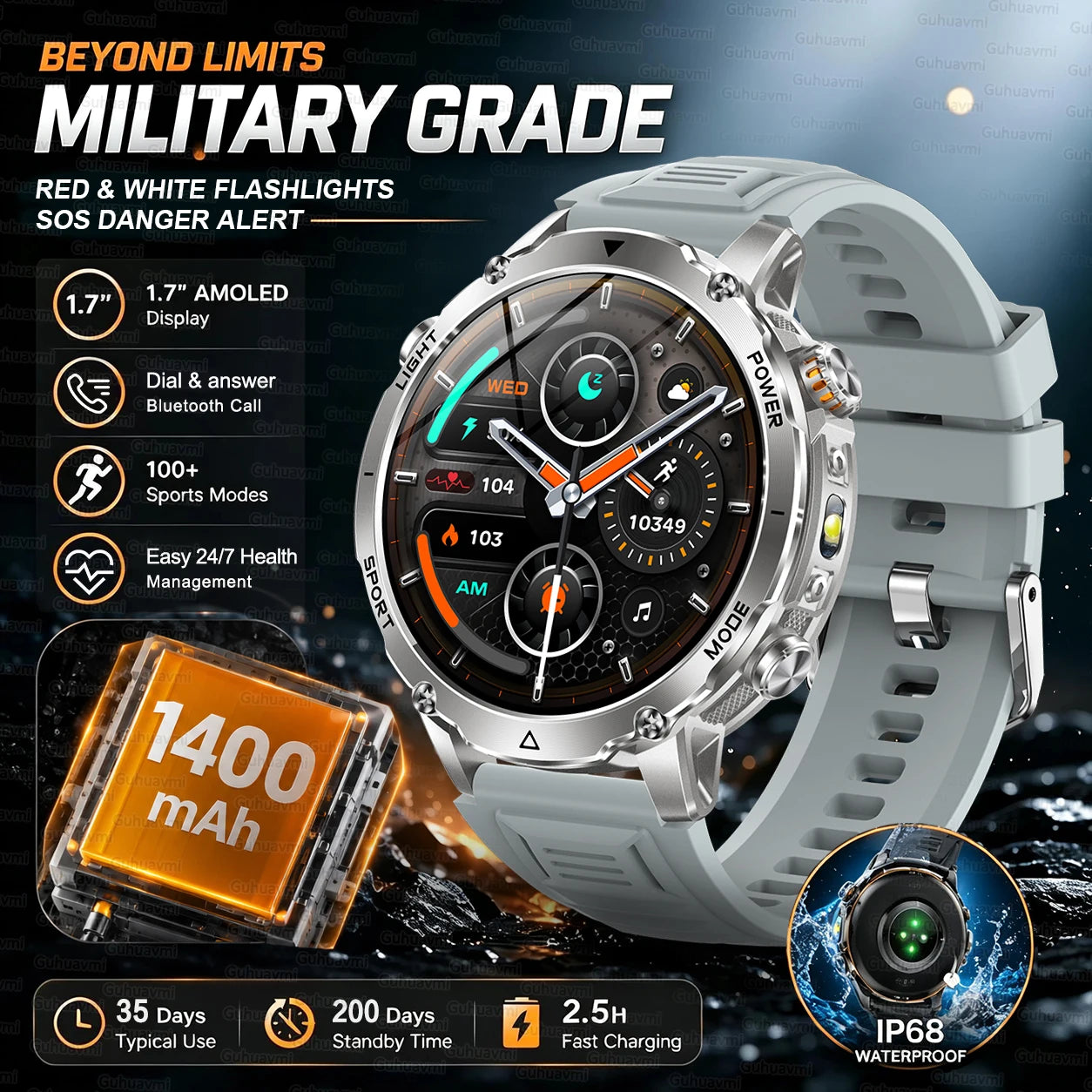 GUHUAVMI Military Smartwatch — 1400mAh Battery with GPS & Flashlight