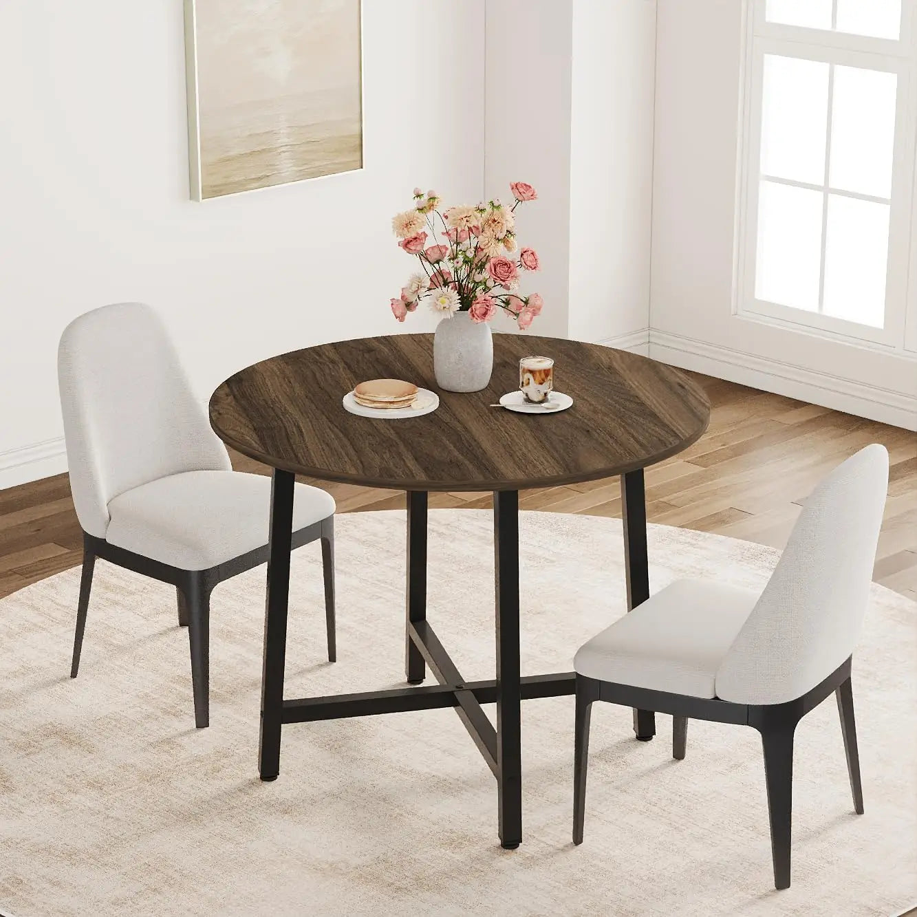 Round Dining Table — Industrial Farmhouse Wood Kitchen Table, Black Walnut Brown