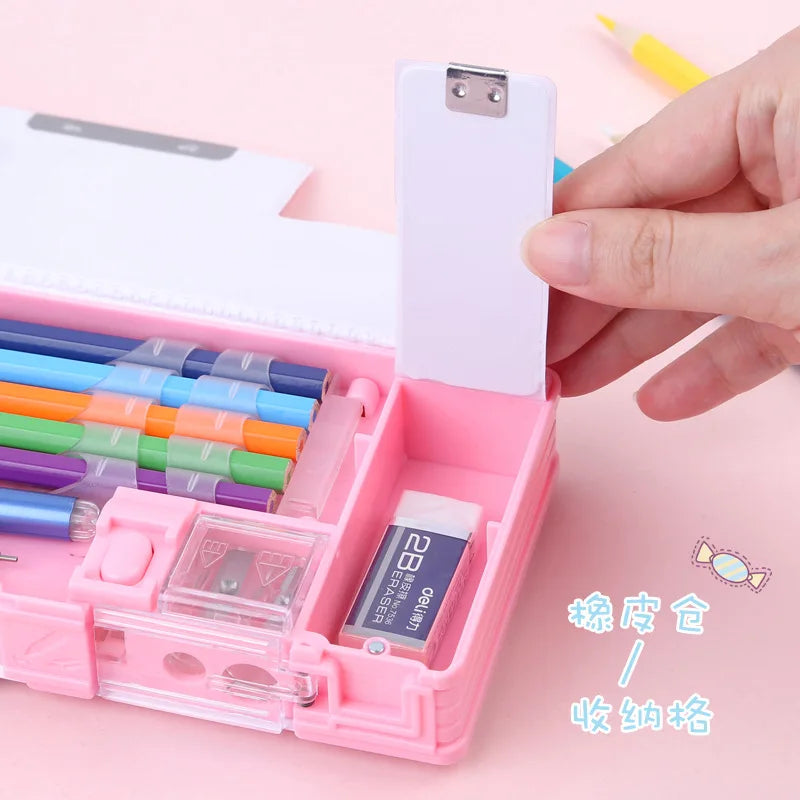 Pink Double Sided Pencil Case — Stationery Box with Built-in Sharpener