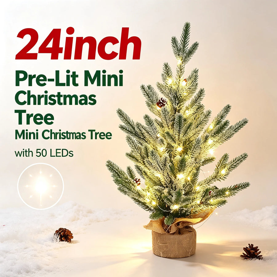 24-Inch Frosted Artificial Christmas Tree — Pre-Lit with Warm LED Lights