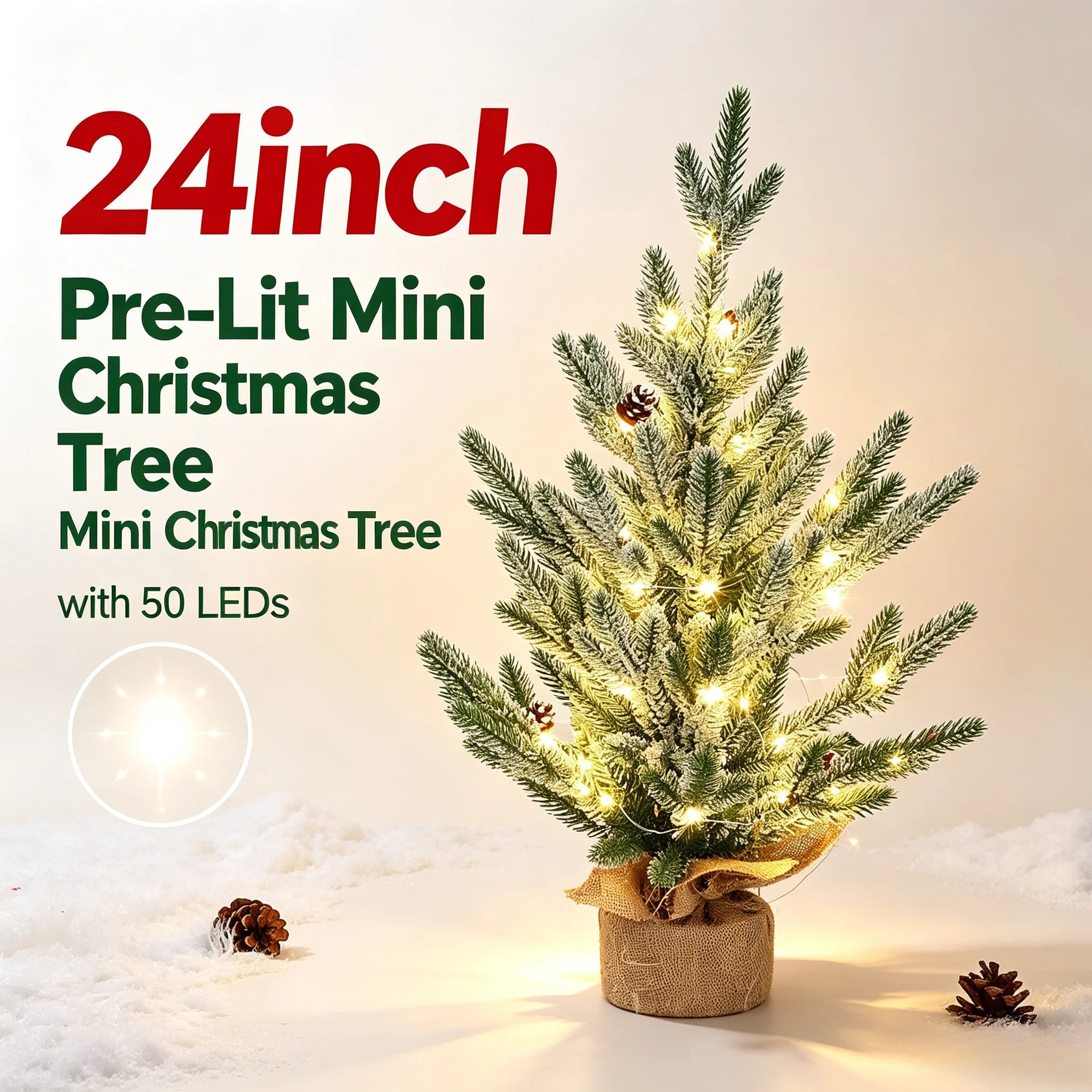 24-Inch Frosted Artificial Christmas Tree — Pre-Lit with Warm LED Lights