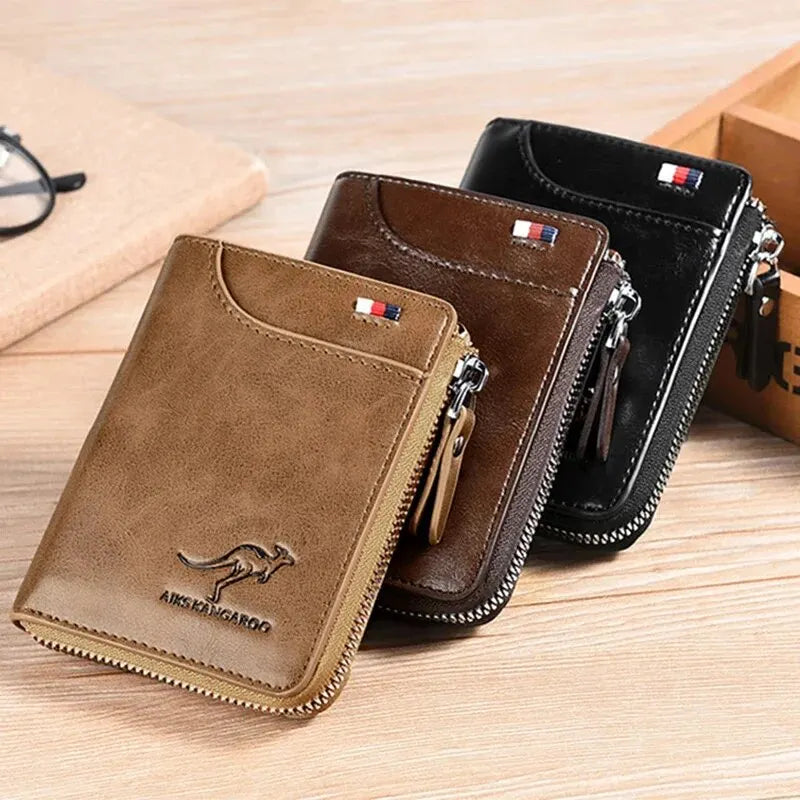 Men's Leather Business Card Holder — Slim Zippered RFID Protection Wallet
