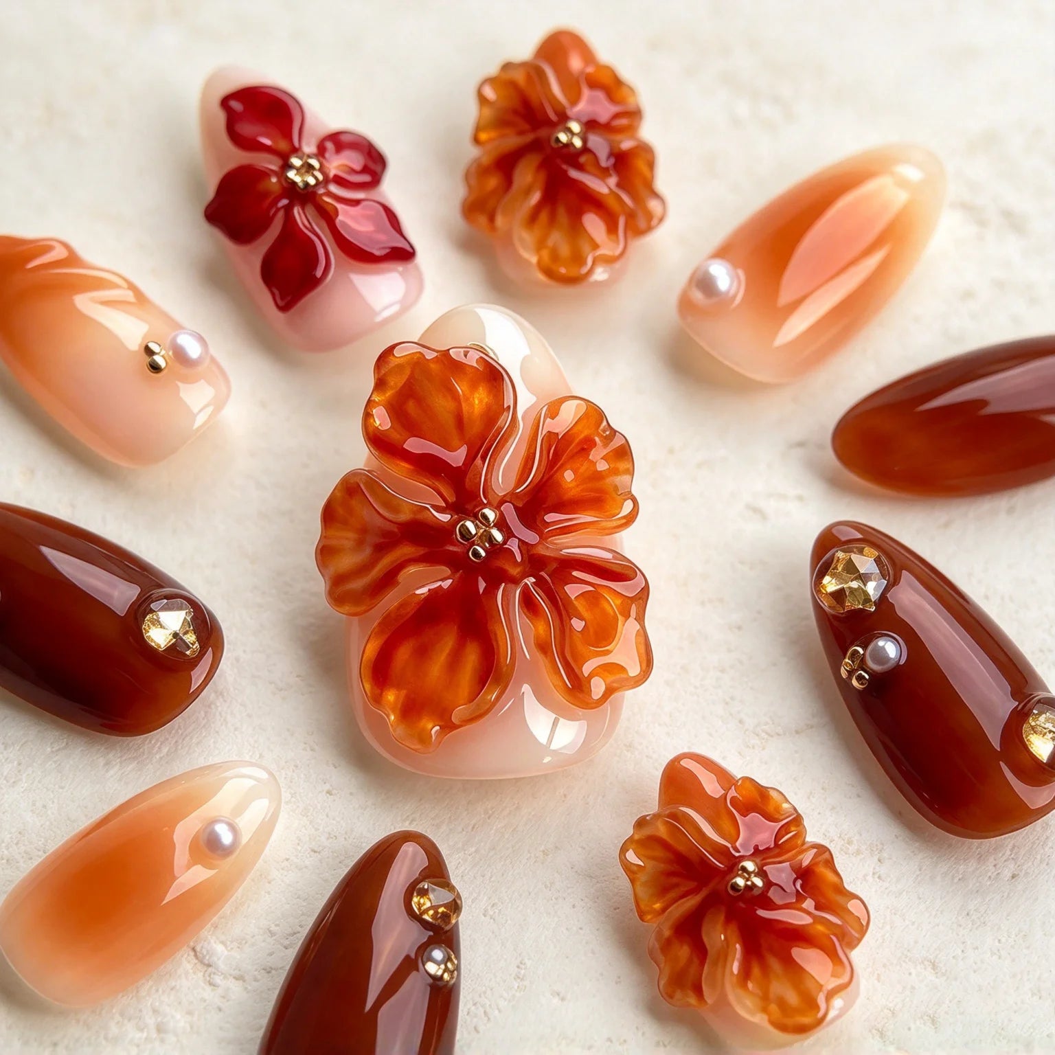 Short Almond Fall Flower Press On Nails — 3D Handmade Floral Manicure Set