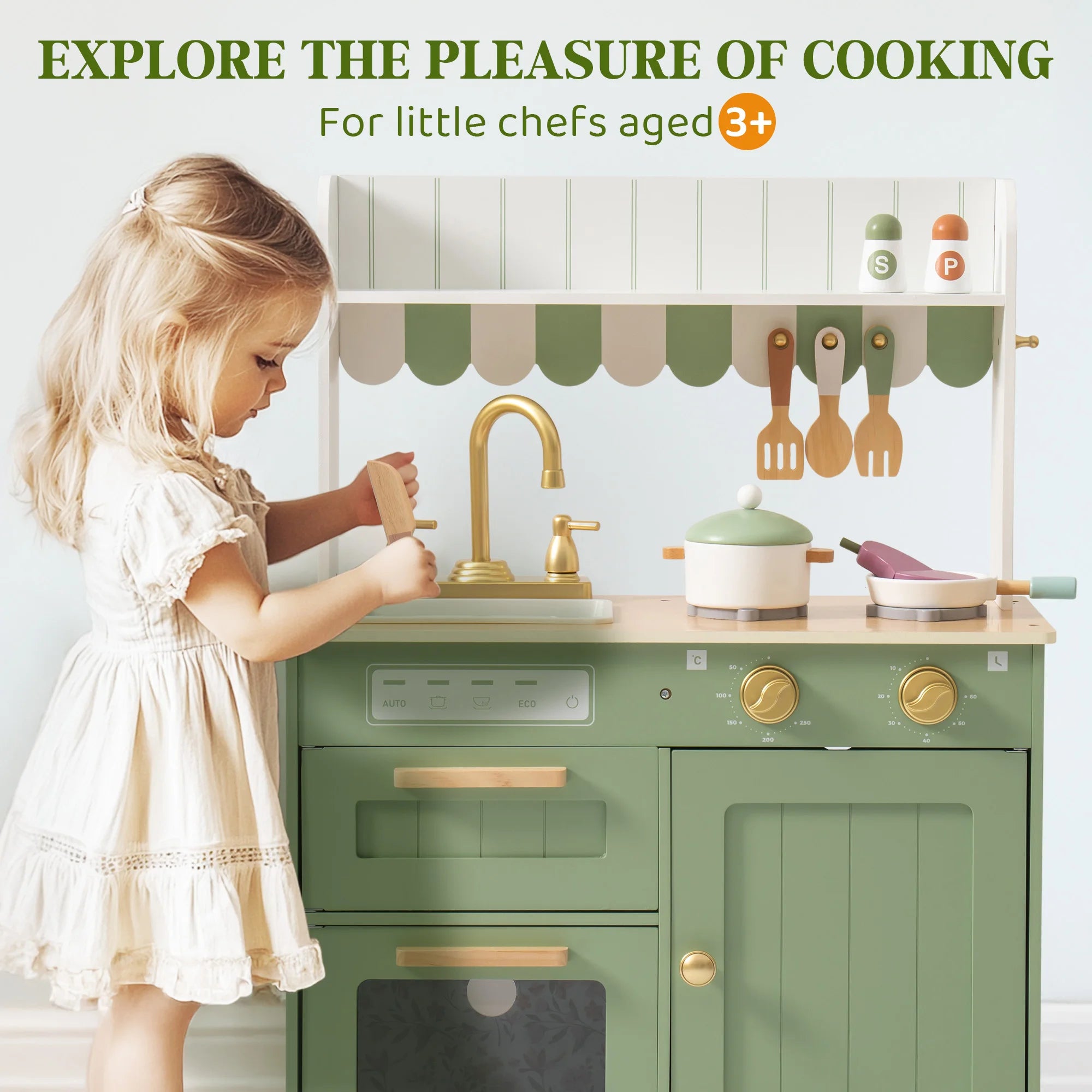 Robud Wooden Play Kitchen Set — Interactive Pretend Play Toy with Food
