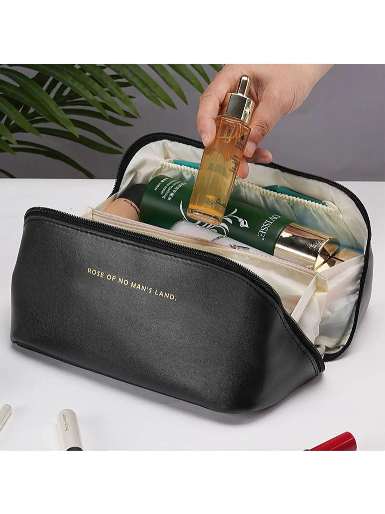 YHYEH Large Leather Cosmetic Bag — Elegant Makeup & Toiletry Organizer